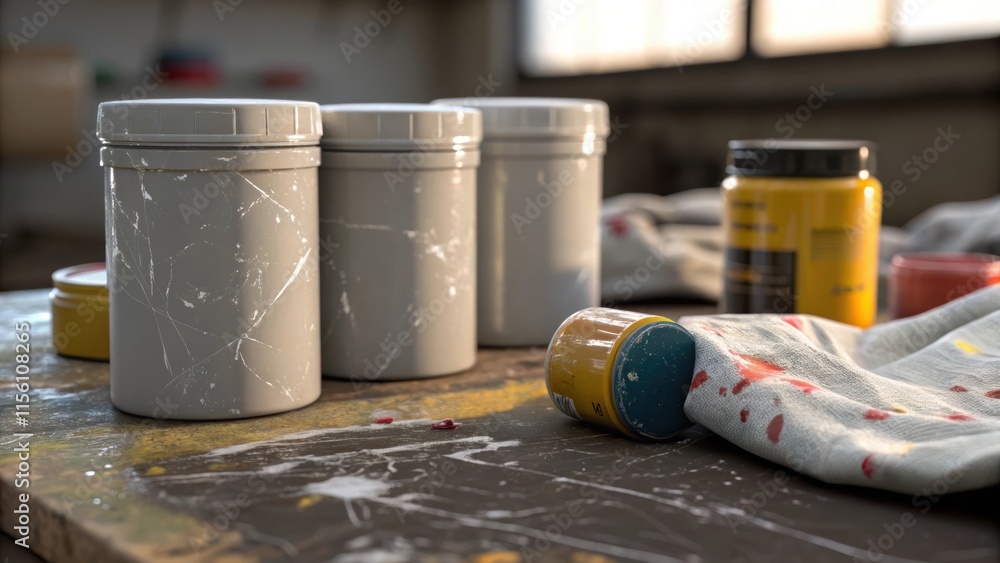 Leinwandbilder a focus on a of adhesive containers that have been badly dented and scratched with some still gliste