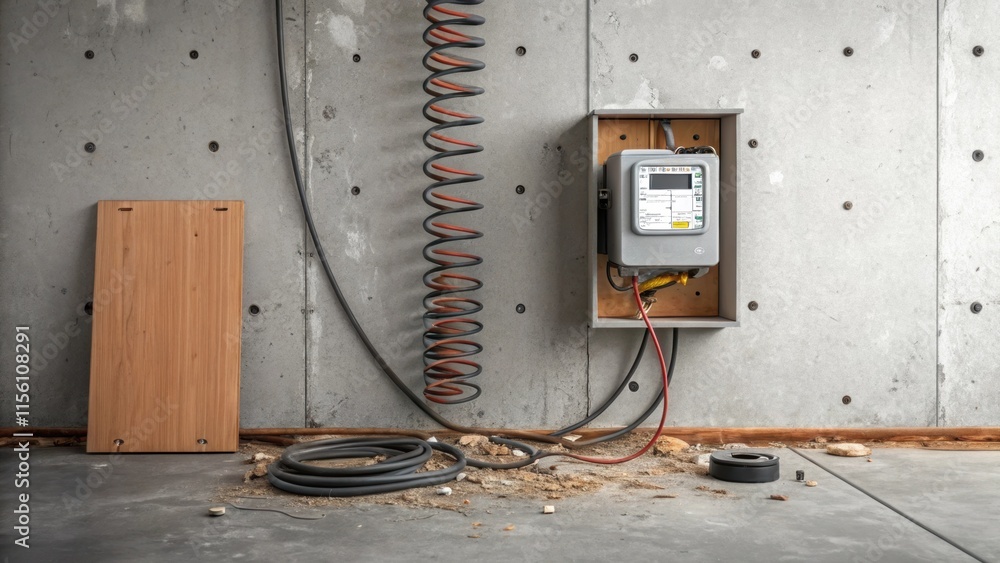 Poster a focused view of an electrical meter hanging beside a partially installed panel with wires spiralin
