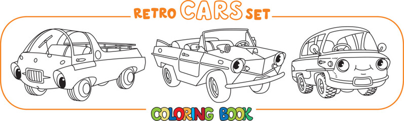 Funny small retro cars with eyes coloring book set
