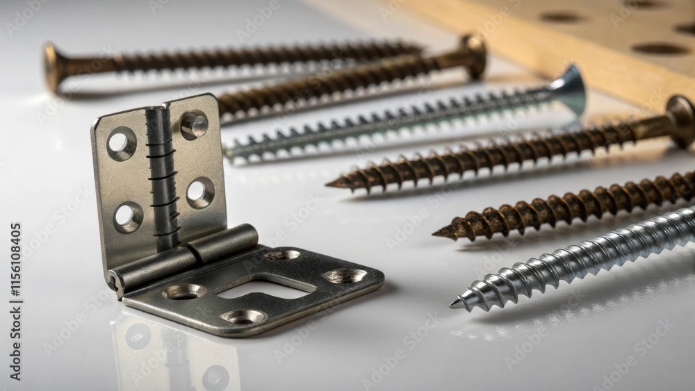 Aufkleber A dynamic image captures the interplay of light and shadow on a collection of screws with a featured hinge taking center stage all set against a clean neutral backdrop.