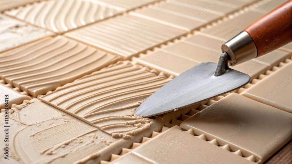 Aufkleber A dynamic closeup capturing the textured surface of a ceramic tile with the edge of a trowel almost touching the creamy grout spread beside it.
