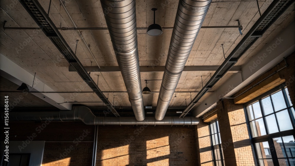Poster a dramatic view showcasing the interplay between shadows cast by protruding ducts against a lightly 