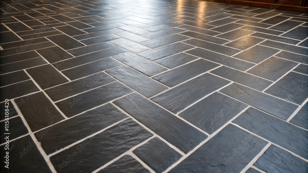 Leinwandbilder A dramatic view of a herringbone tiled floor in dark slate where the rich texture of the tiles is set off by bright white grout that forms sharp clean divisions.