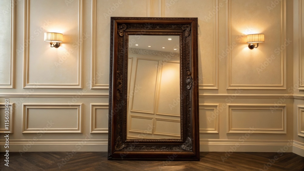 Aufkleber A dramatic vintagestyle mirror with a dark wooden frame leans against a creamy wall adorned with soft lighting creating a sophisticated and inviting atmosphere.
