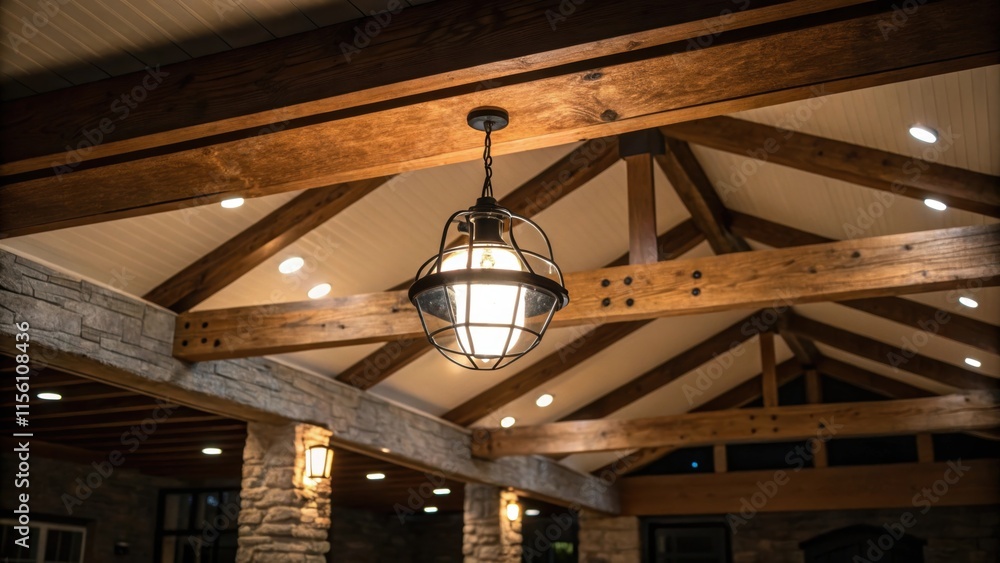 Fototapete A dramatic perspective of a lowhanging beam adorned with a light fixture creating a focal point above with the fresh insulation adding a sense of warmth.