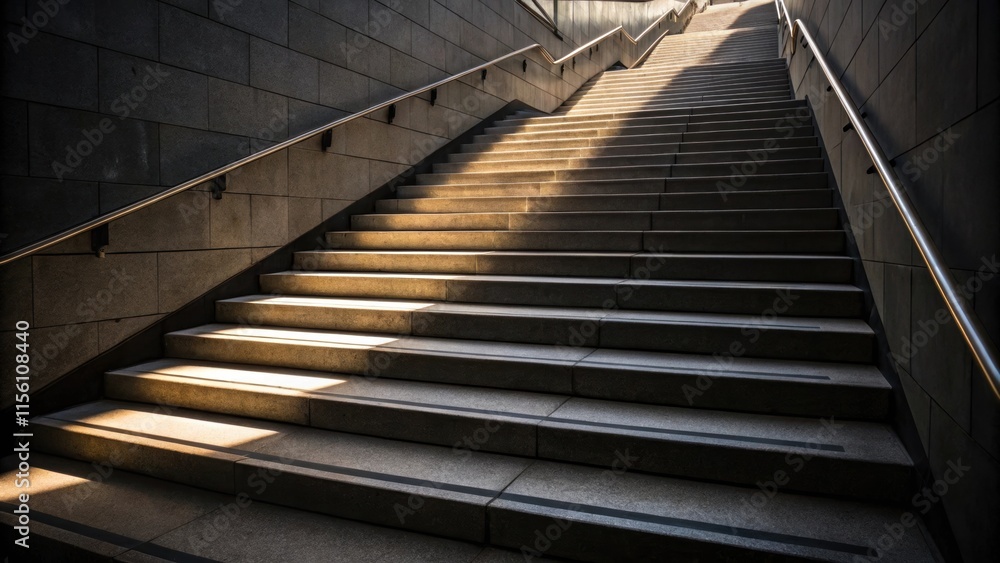 Poster A dramatic angle of the staircase steps ascending capturing the interplay of light and shadow on the smooth surface creating a sense of depth and dimension.