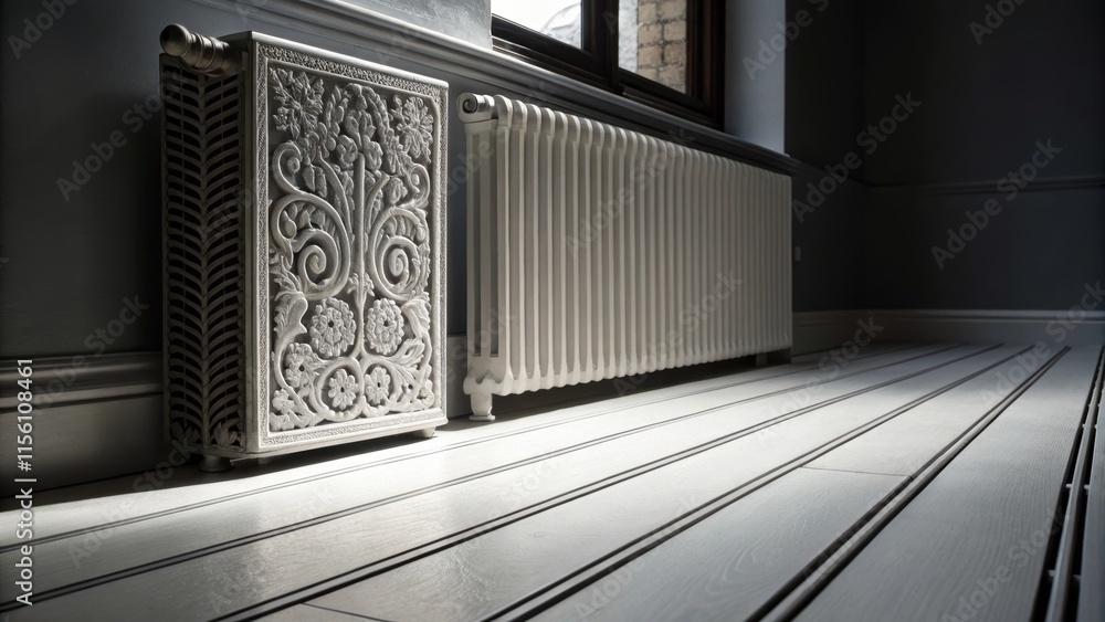 Poster A dramatic angle capturing the unique texture of the radiators surface against the stark lines of the floor embodying a minimalist approach.