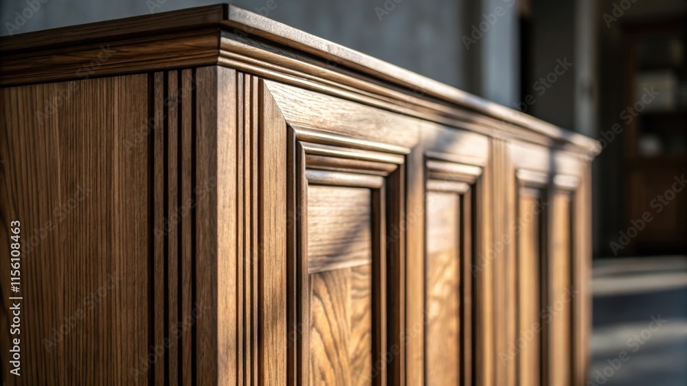 Poster a dramatic angle focusing on the vertical line of a cabinet frame revealing the textures and tones o