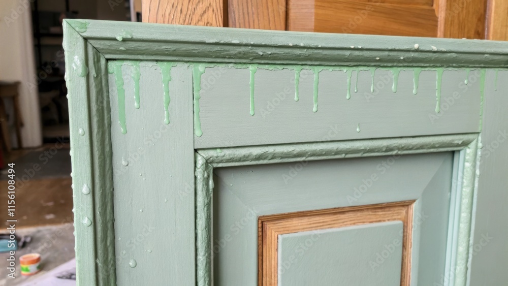 Poster A door frame just painted in a muted sage green where delicate paint drips form tiny rivulets along the edges with remnants of painters tape still clinging to the wooden edge.
