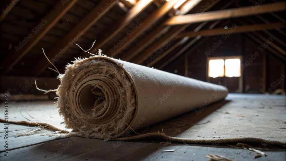 Aufkleber A discarded roll of insulation lies on the floor its edges frayed and fibers spilling out while sp strands of light s through the openings in the attics framework.