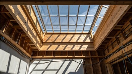 Obraz premium A dynamic view of the skylight from the side showcasing shadows cast by the protective cover alongside exposed beams and electrical wiring awaiting completion.