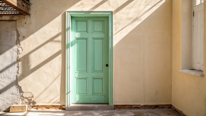 Obraz premium A door halfpainted in a mint green stands out against a creamy wall the sunlight catching all imperfections bringing character to the incomplete renovation scene.