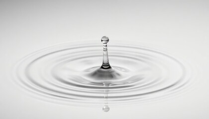 Water drop impact creates concentric ripples. Clear water droplet falls onto surface. Abstract nature scene. Clean, pure liquid. Ripple effect demonstrates fluid dynamics. Water droplet splash shows