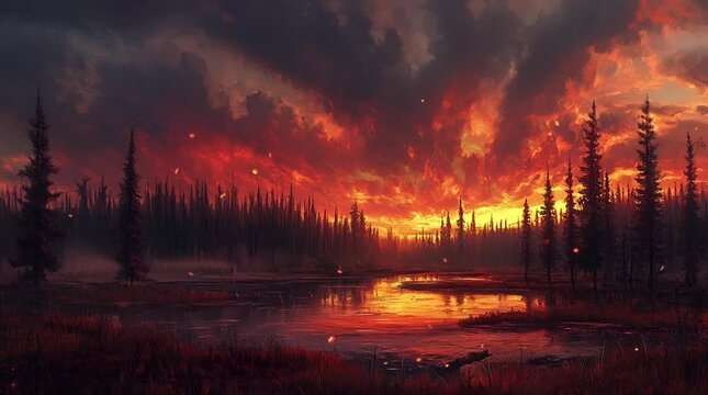 Glowing lake reflecting the golden sunset surrounded by a peaceful forest landscape  
Seamless looping 4k time-lapse virtual video animation Generated AI