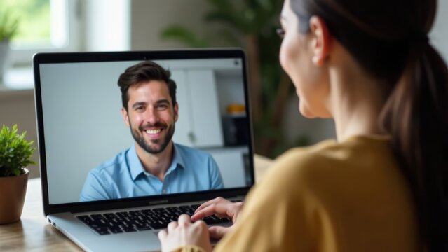 A woman is having a video chat on her laptop with a smiling man visible on the screen. Concept of: Remote connection.