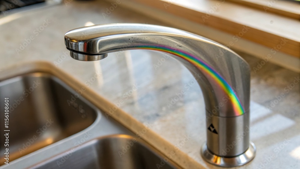 Aufkleber A detailed view of the faucet handle showing off its ergonomic design with a hint of a rainbow sheen dancing across its surface set against a blurred unfinished kitchen backdrop.