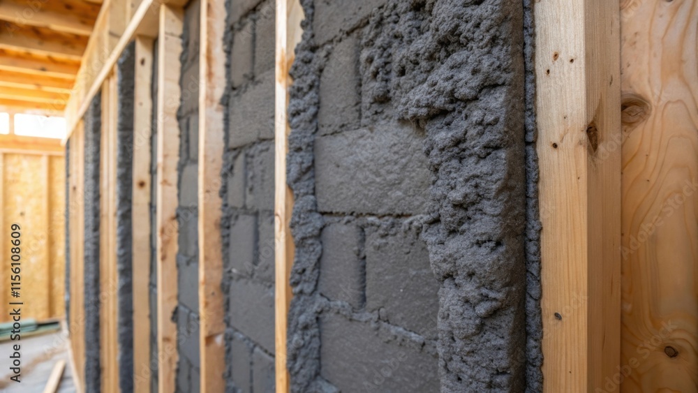 Poster A detailed view of dark gray spray foam insulation expanding from a crevice in the wall emphasizing its uneven surface against the rough unpainted exposed studs.