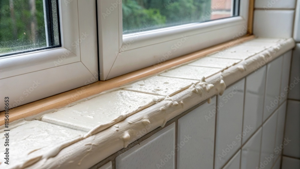 Poster a detailed view of a window sill where freshly applied grout seeps into the crevices its creamy cons