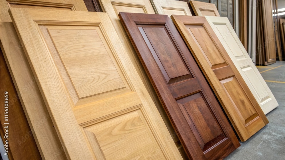 Poster a detailed view of a stack of unpainted doors highlighting the various tones from pale beige to deep