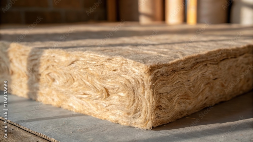 Poster A detailed view of the insulations texture showcasing its rich fibrous composition against a muted backdrop that conveys the anticipation of a wellinsulated and inviting living