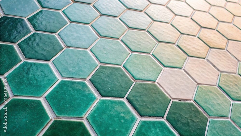 Aufkleber A detailed view of hexagonal tiles displaying a gradient color scheme that transitions from deep emerald green to soft pastel shades each tile slightly varying in texture.