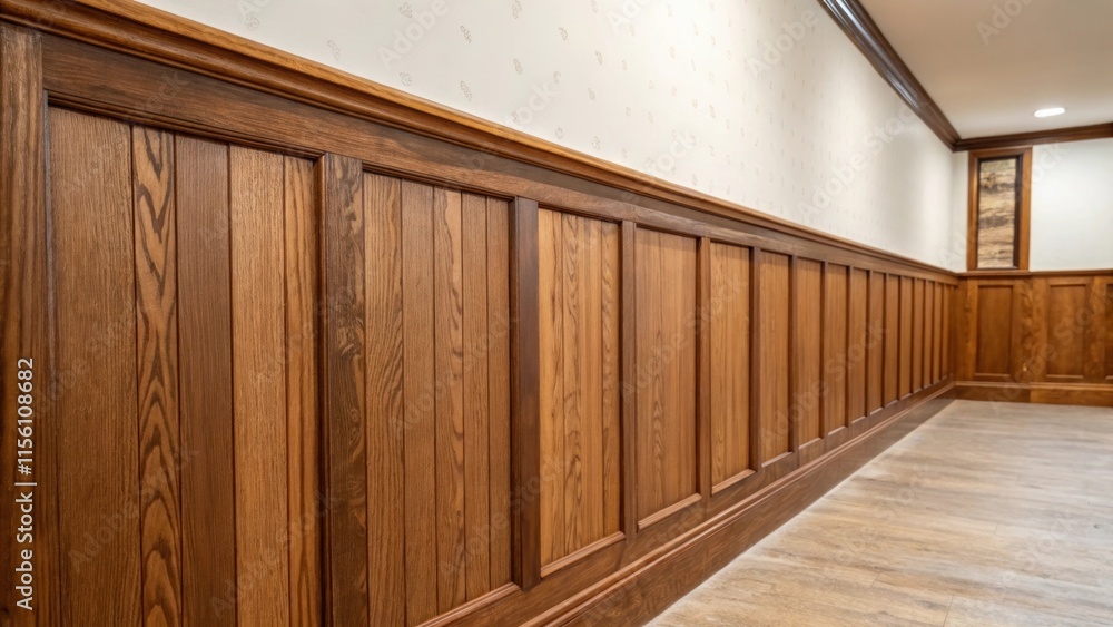 Aufkleber A detailed view of a section of the wall with both installed and uninstalled panels showing the contrast between the rich wood tones and the bland drywall.
