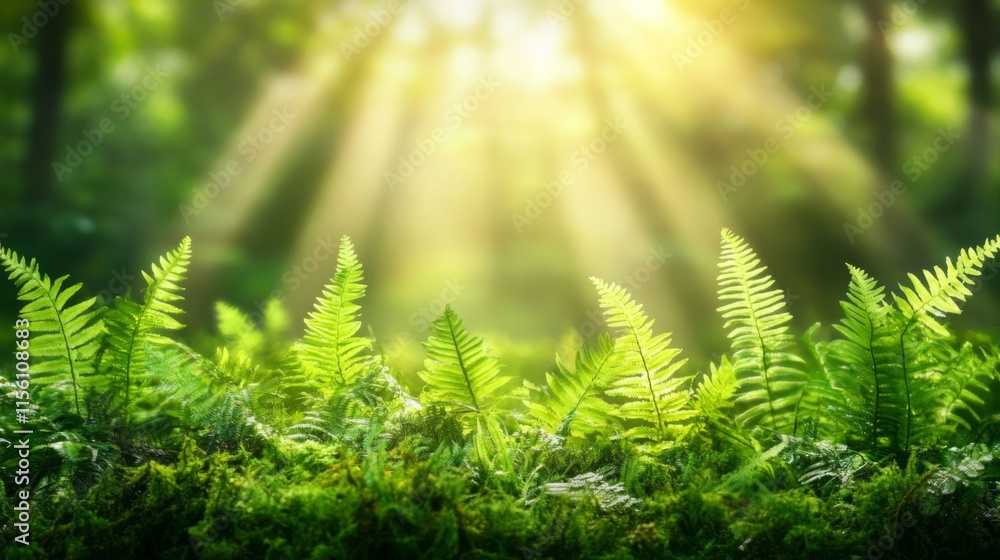 Poster lush green ferns under soft sun rays in a serene forest setting with gentle light filtering through 