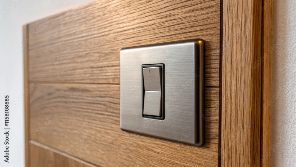 Poster a detailed view of a sleek modern light switch featuring a brushed metal finish that catches the lig