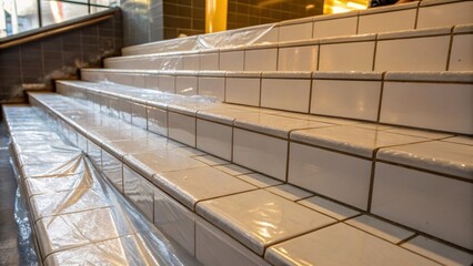 A detailed view of a tiles glossy surface reflecting ambient light while nearby tiles are still covered in protective plastic hinting at the steps left to finalize the renovation.