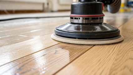A detailed view of the sanders pad against the oak planks the machinerys circular motion creating a glossy sheen along the edges of the lightly scuffed floor.