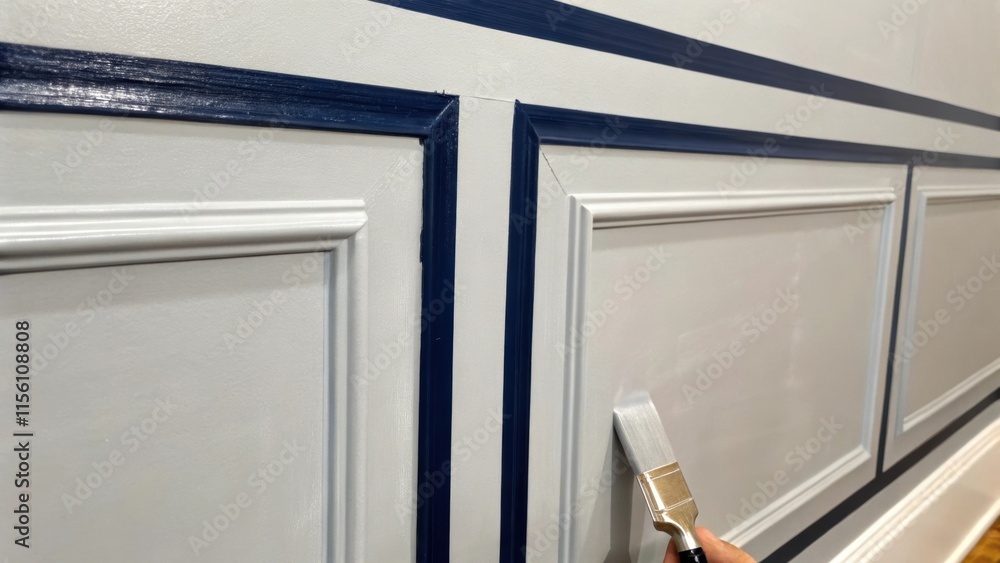 Poster a detailed shot of light gray paint being brushed onto a wall with masked edges of dark navy tape pr