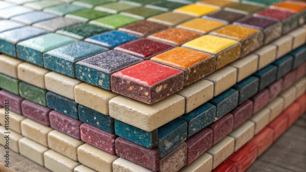 Aufkleber A detailed shot of a stack of mosaic tiles each small square featuring a different color and texture creating a stunning patchwork effect that invites closer examination.