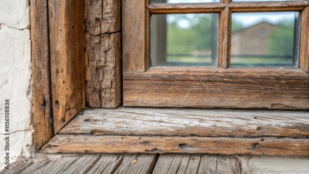 Poster A detailed shot of a rustic window frame with old wood revealing its character paired beautifully with pristine clear seals that highlight its restoration.