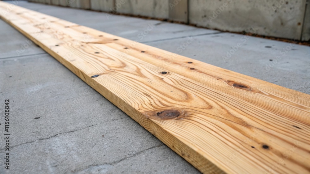 Poster a detailed shot of a single wood plank lying diagonally against the concrete with a focus on the kno
