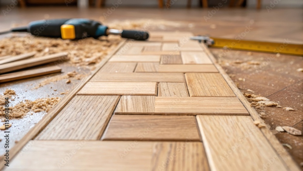 Aufkleber a detailed shot focusing on the gap between two parquet tiles revealing the precise craftsmanship in