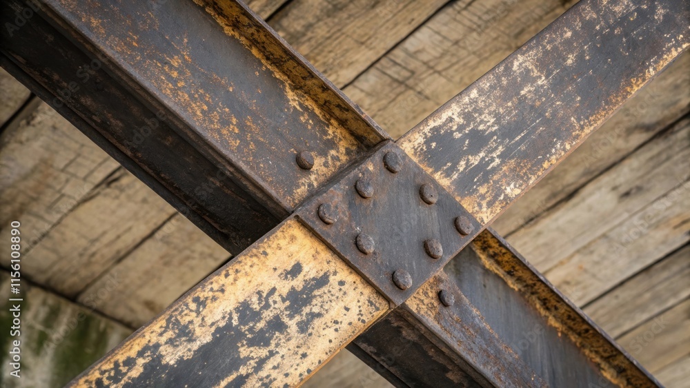 Aufkleber A detailed look at the intersection of two large beams where their rugged surfaces meet and reveal a combination of dark stains and lighter patches contrasting textures that tell a