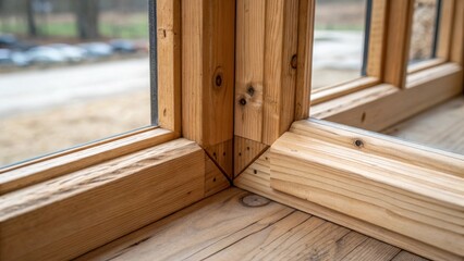 A detailed shot of the corner of the rough window framing where two pieces of wood intersect showcasing the craftsmanship in the joints and the raw beauty of unfinished wood.