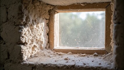 A detailed shot of a rough window opening with a focus on the irregularities in the walls surface dust particles suspended in the light and hints of paper backing from the drywall.