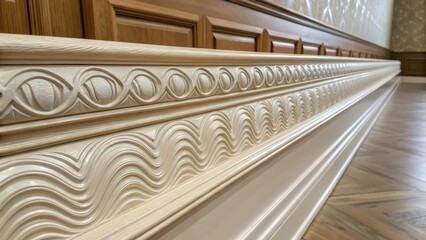 Fototapeta premium A detailed shot of a selection of chair rail moldings displaying a smooth lustrous surface with a subtle wave pattern that catches the light at different angles.