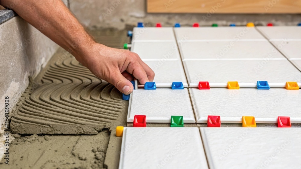 Aufkleber A detailed image featuring a hand placing a tile onto a layer of wet mortar while an array of colorful spacers remains organized near the edge enhancing the odical nature of the