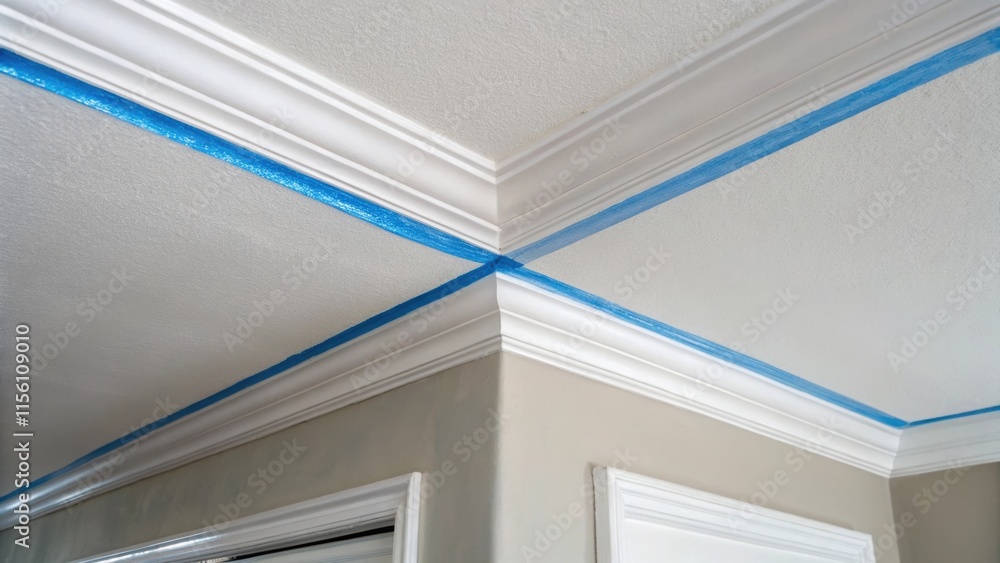 Poster a detailed image capturing the fresh ceiling paint reflecting light softly with a focus on the bluis