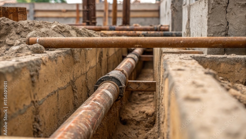 Poster A detailed examination of the mortar and concrete surrounding exposed pipes enriched with earthy tones and textures that tell the story of past constructions.