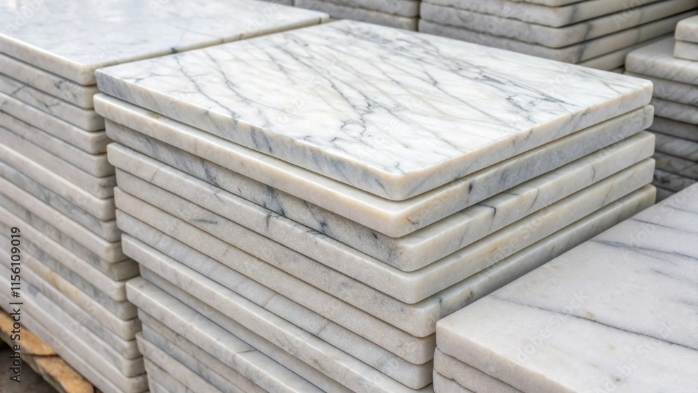 Poster a detailed closeup of a uniform stack of white marble tiles featuring gray ing that runs throughout 