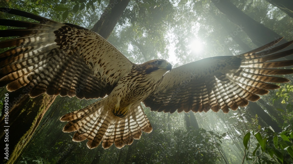 Poster majestic bird of prey soaring through lush forest with sunbeams filtering through tree canopy and mi