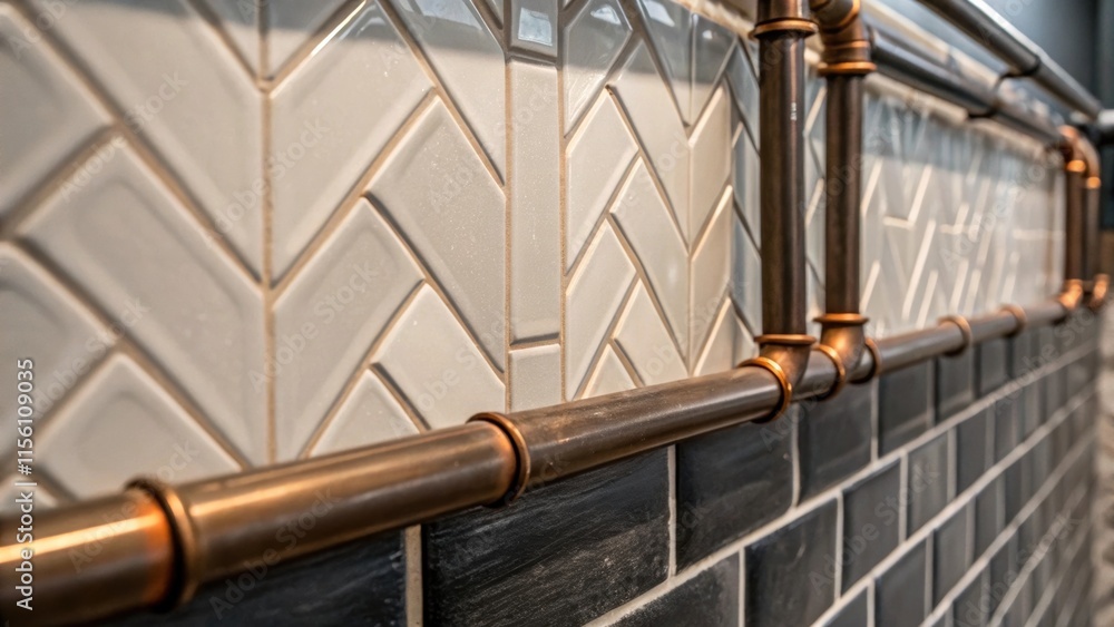 Poster A detailed capture of a textured backsplash featuring handlaid tiles with visible tubing adjacent showcasing the juxtaposition of sleek surfaces and raw infrastructure.