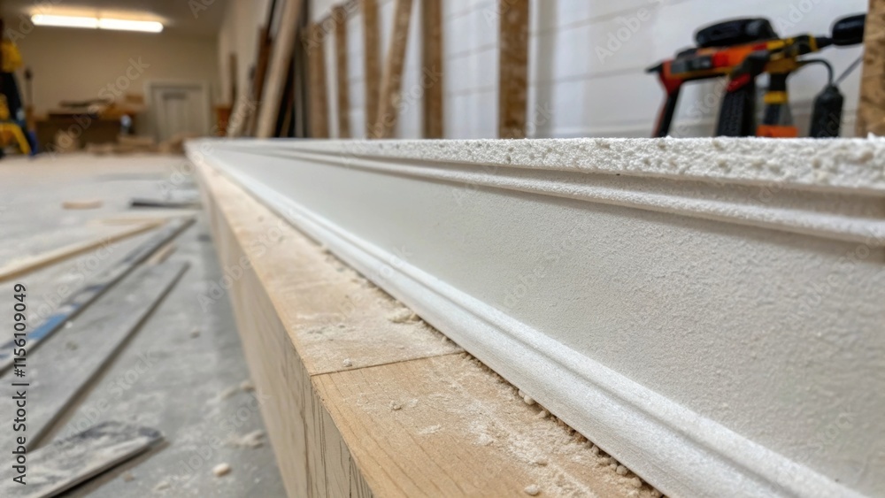 Poster A detailed angle showcasing the sharp edge of newly installed drywall with a thin layer of dust settled along the seam hinting at the ongoing renovation process.