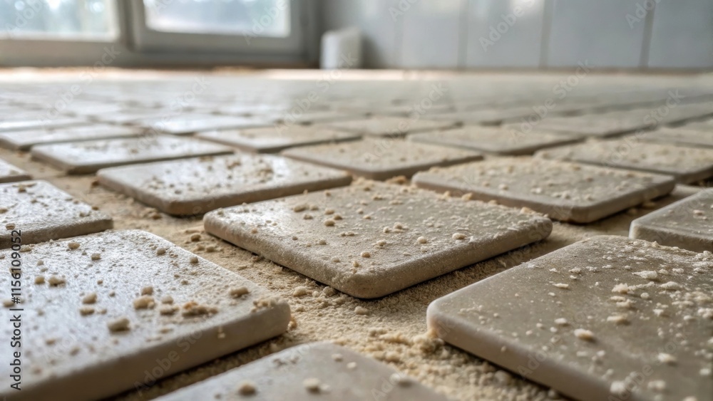 Poster a detailed closeup capturing the contours of myriad tile spacers mixing with dust particles on a flo