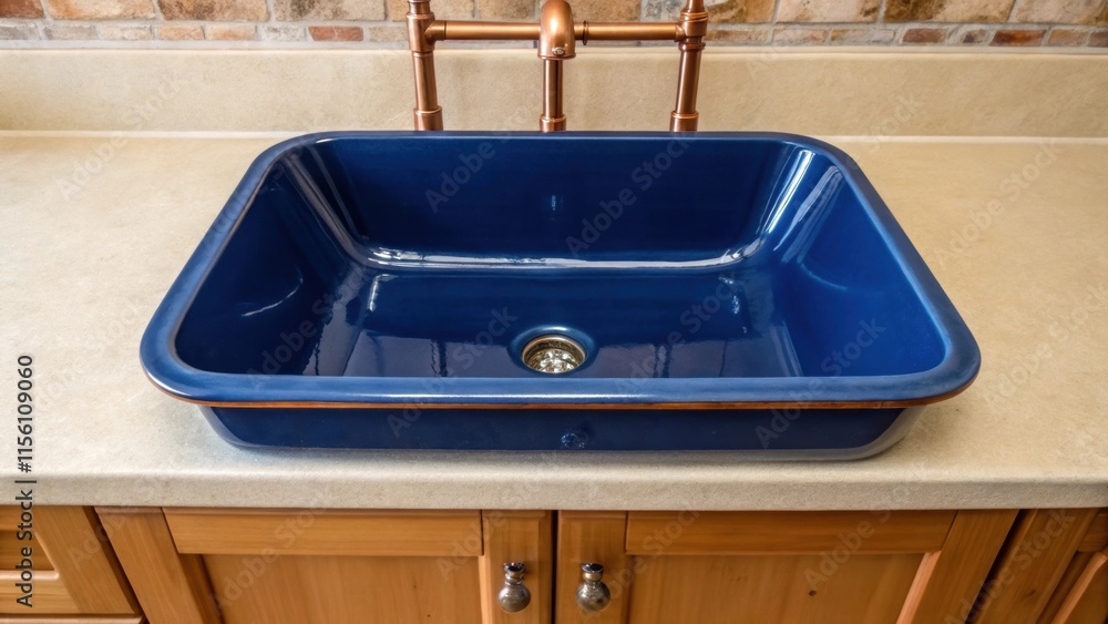 Poster A deep blue sink with smooth edges set into a warm beige countertop with visible copper plumbing lines snaking underneath echoing a nautical theme.