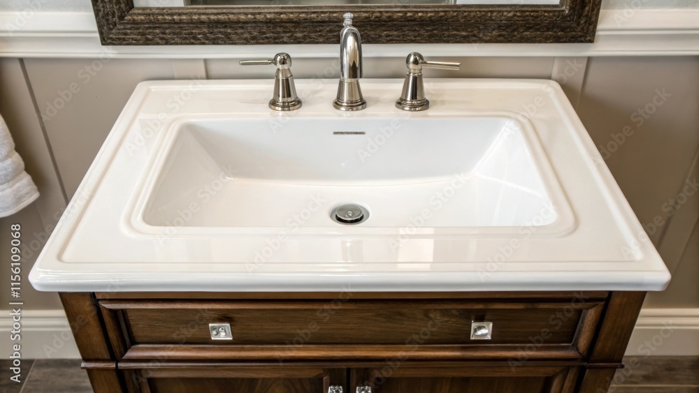 Poster a crisp white porcelain sink sits atop a stylish vanity its clean silhouette enhanced by the glint o