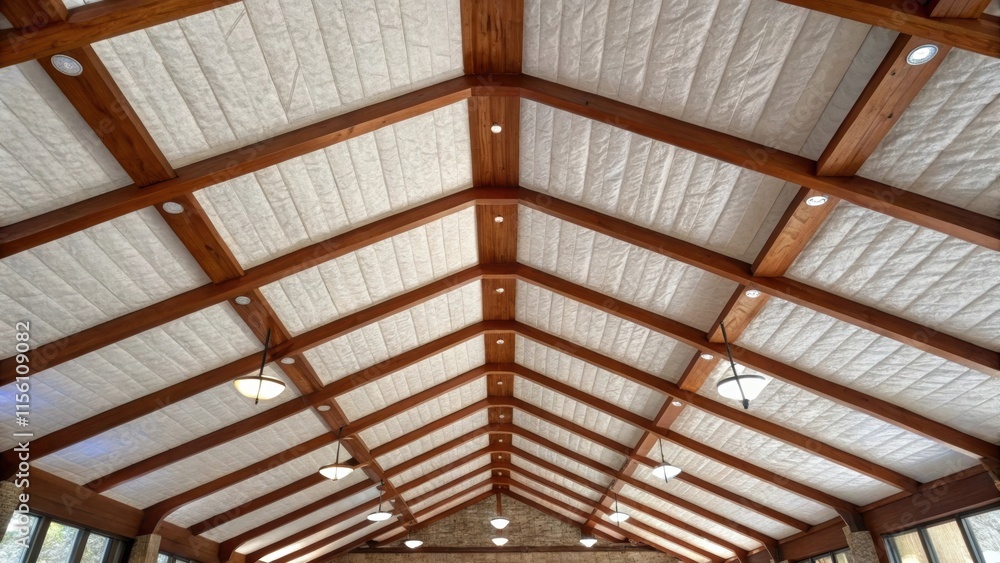 Aufkleber A cozy angle featuring a series of beams that create a rhythmic pattern across the ceiling adorned with fresh white insulation giving it a polished look.